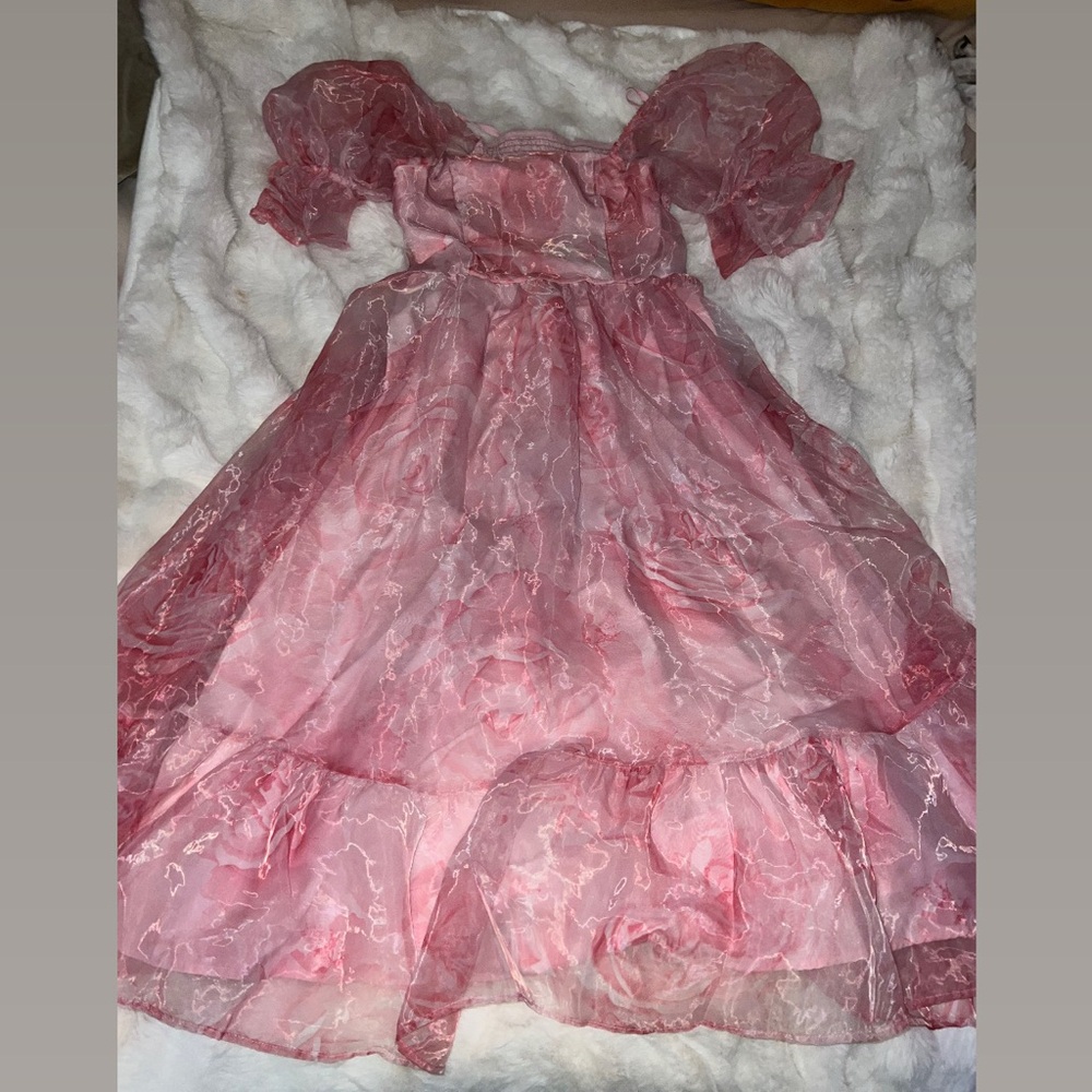 Pink Sheer Puff Sleeve Dress